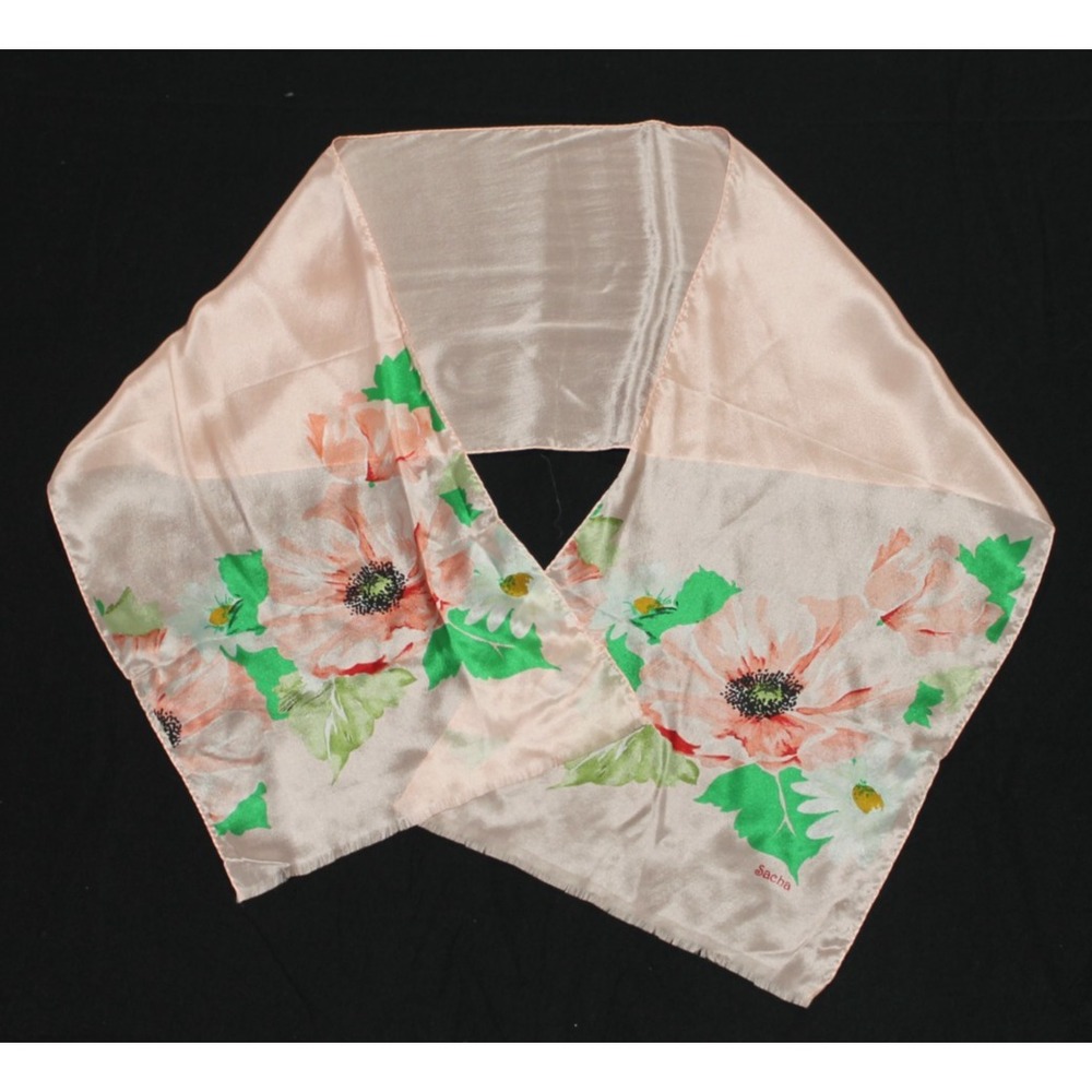 Vintage Sacha Silk Scarf Pink Floral Oblong Rectangle Wrap Japan Basha Scarves